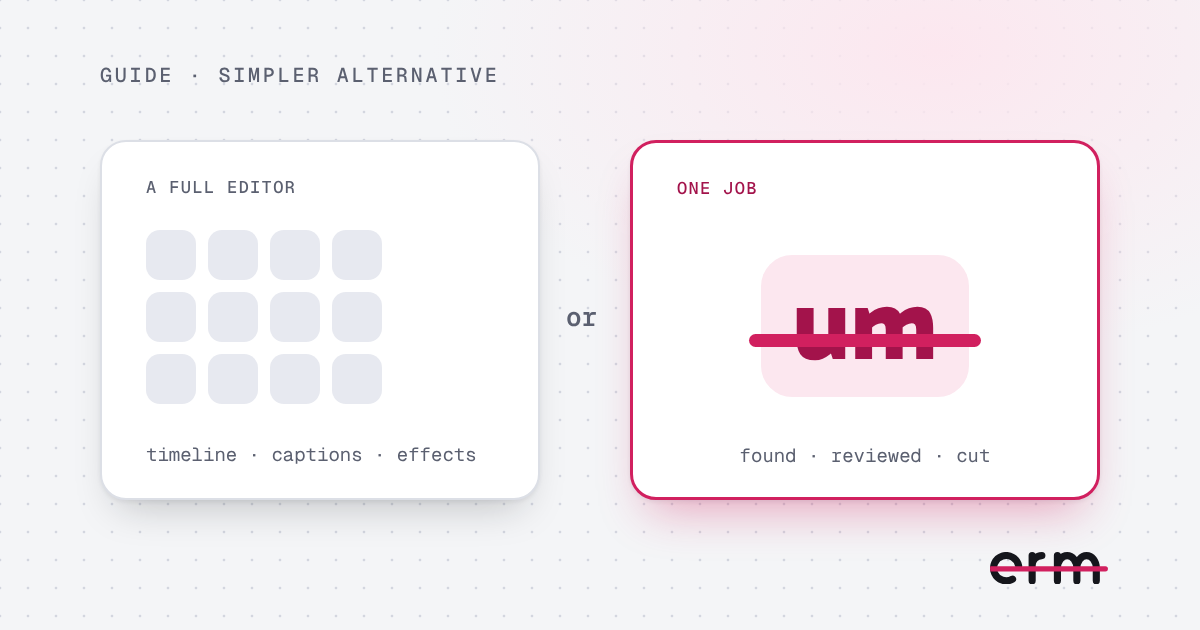 A grid of editing tools labelled “a full editor” beside a single struck-out “um” labelled “one job”.